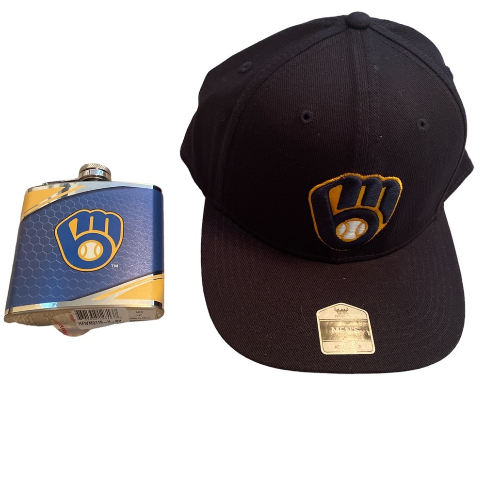 Milwaukee Brewers baseball hat and flask